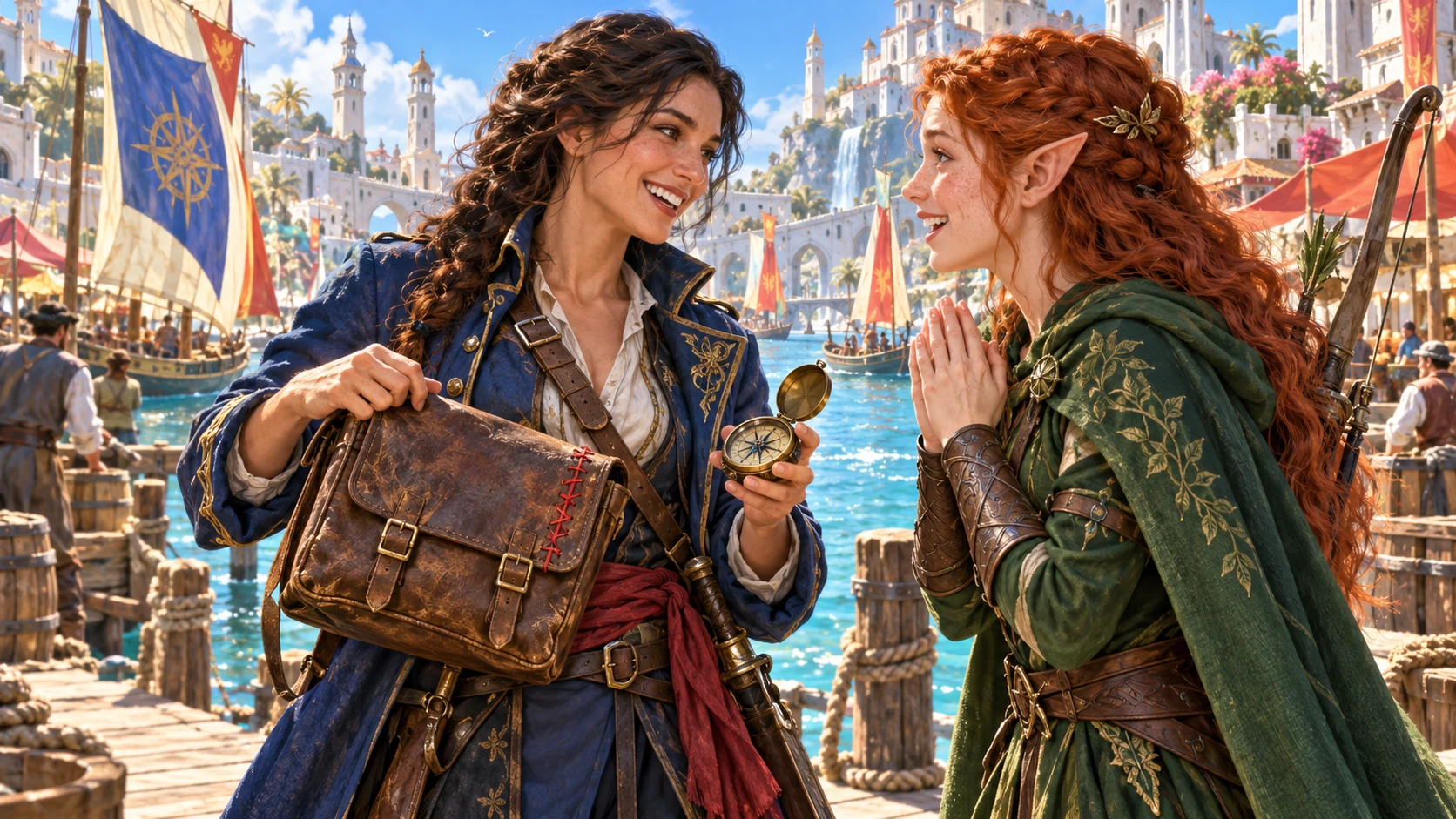 Illustrated returning adventurer with a stitched satchel and compass greets a familiar elf at a fantasy harbour.