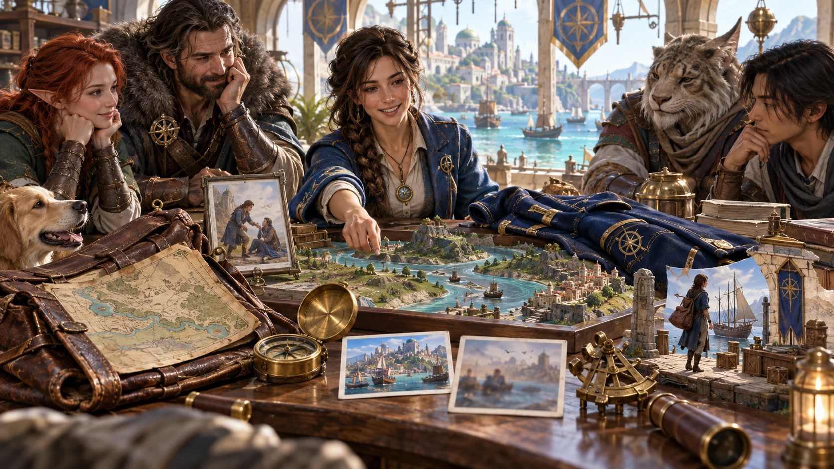 Illustrated returning character and adventurers review maps, keepsakes and earlier pictures around a harbour table.