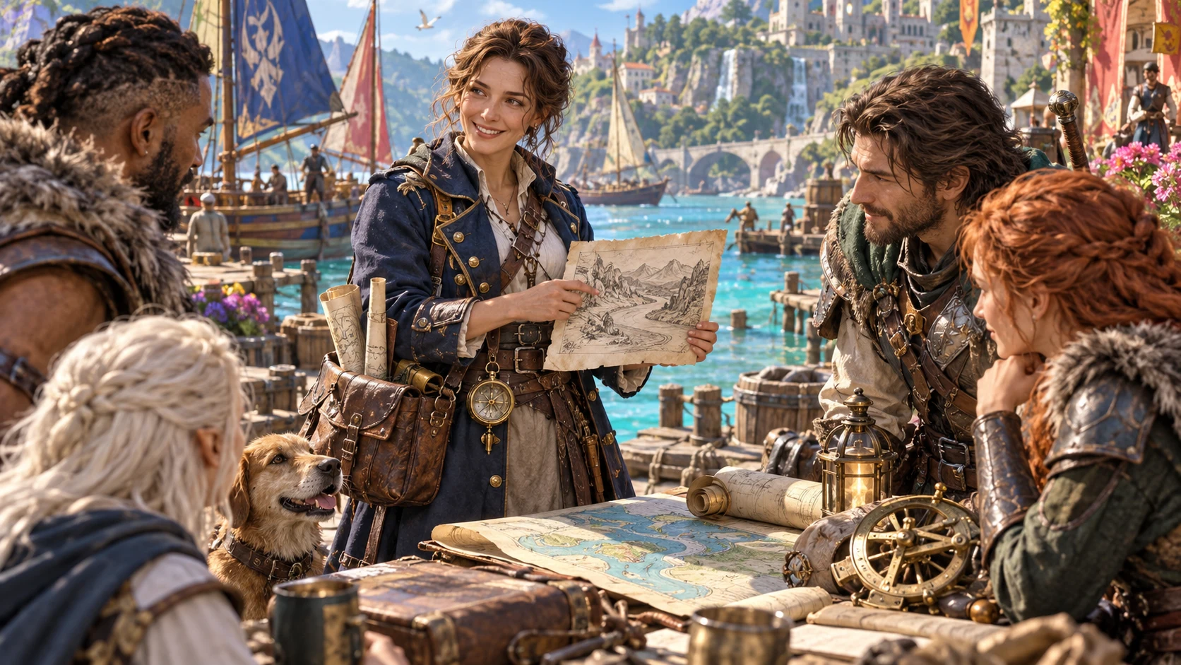Illustrated returning navigator discusses a map with familiar adventurers beside a harbour.